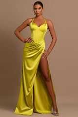 Daffodil Halter Ball Gown Long Prom Dress with Pleated Split