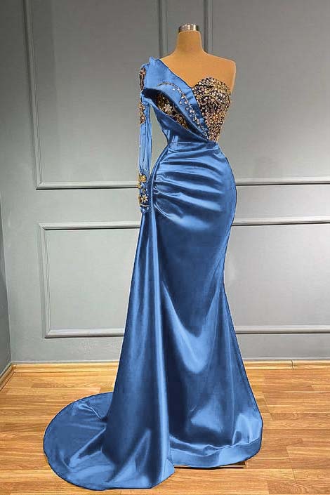 One Shoulder Long Sleeve Mermaid Long Prom Dress with Beading and Pleats