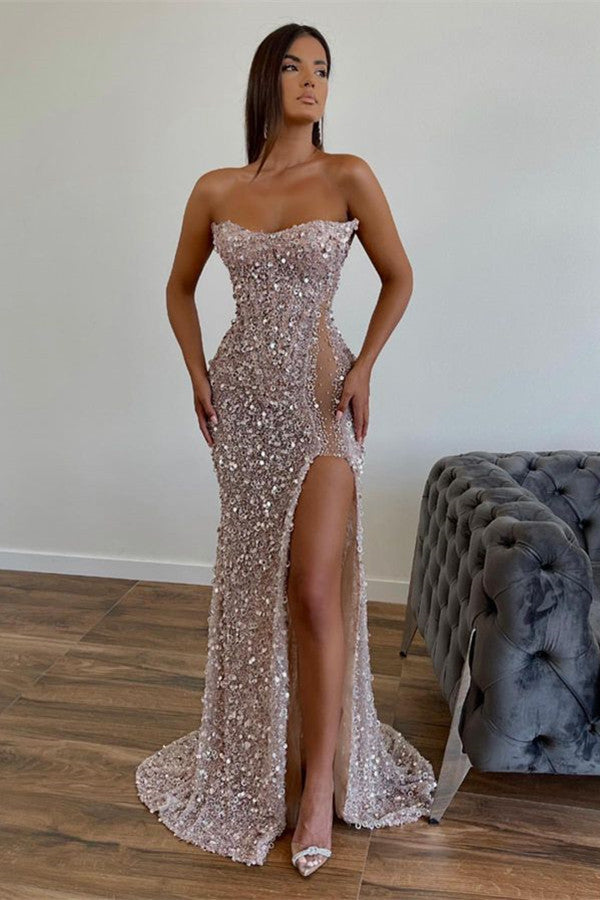 Dark Green Evening Dress with Sequins Sleeveless Slit Strapless