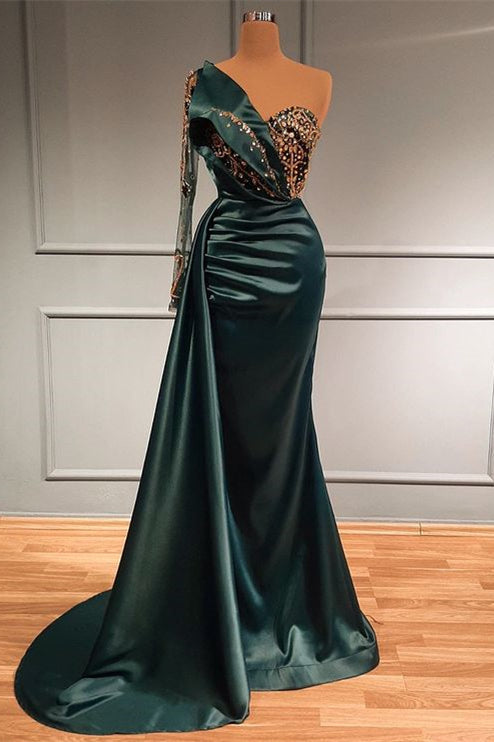 Dark Green Long Sleeve Mermaid Long Prom Dress with Beading and Appliques