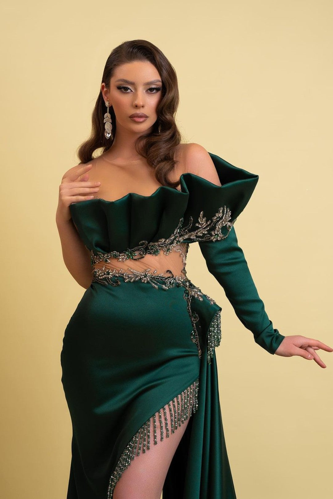 Dark Green Long Sleeve Prom Dress with High Split and Tassel