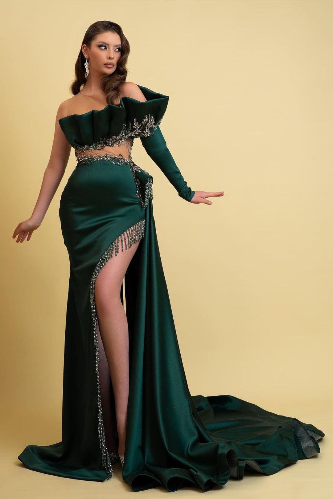 Dark Green Long Sleeve Prom Dress with High Split and Tassel