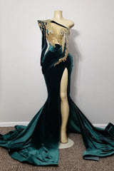 One Shoulder Long Sleeve Mermaid Prom Dress with Beading Split