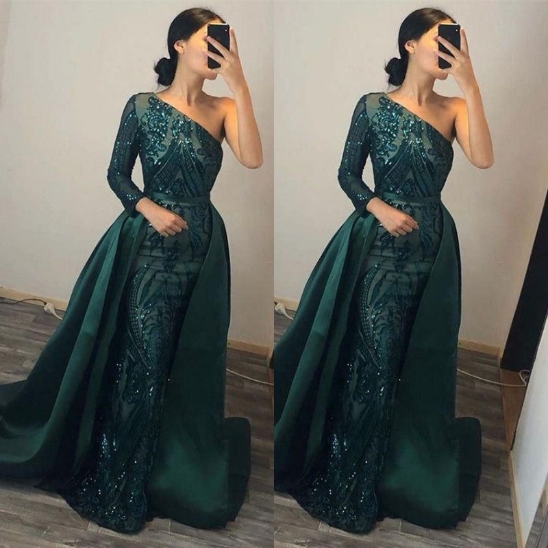 One Shoulder Long Sleeve Mermaid Prom Dress with Sequins