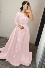One Shoulder Long Sleeve Mermaid Prom Dress with Sequins