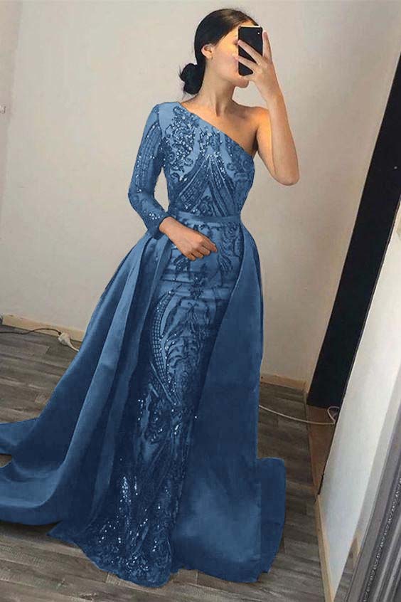 One Shoulder Long Sleeve Mermaid Prom Dress with Sequins