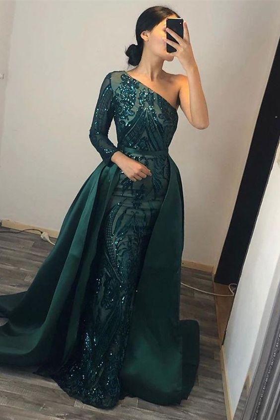 One Shoulder Long Sleeve Mermaid Prom Dress with Sequins