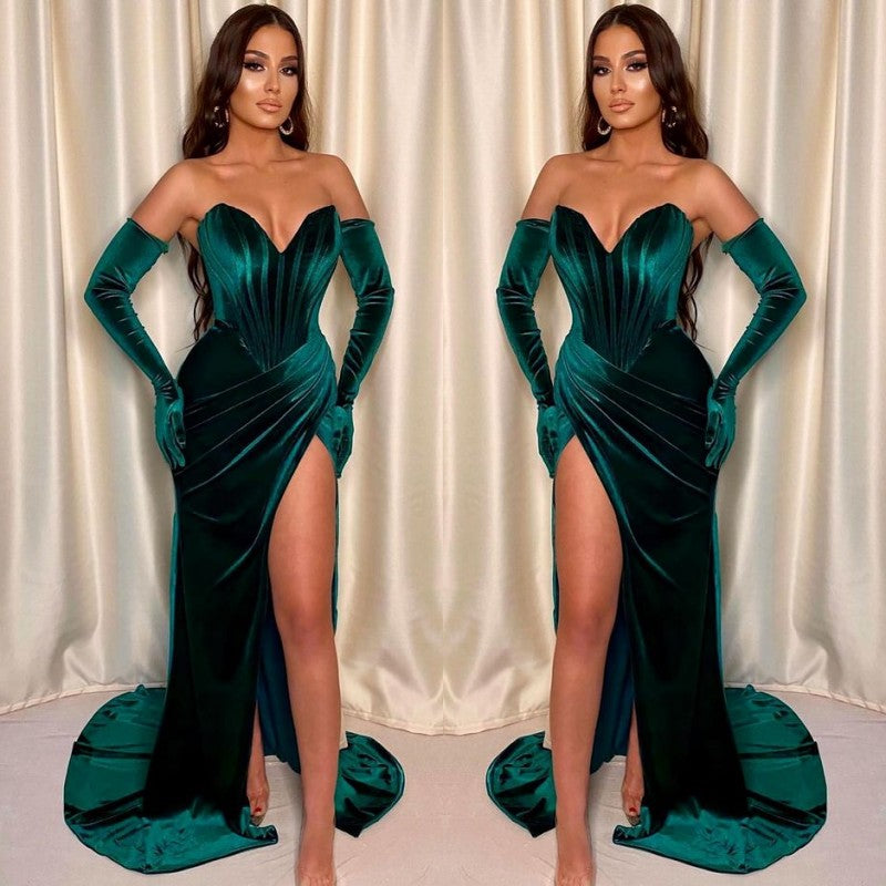 Dark Green Sleeveless Front Split Mermaid V-Neck Evening Dress