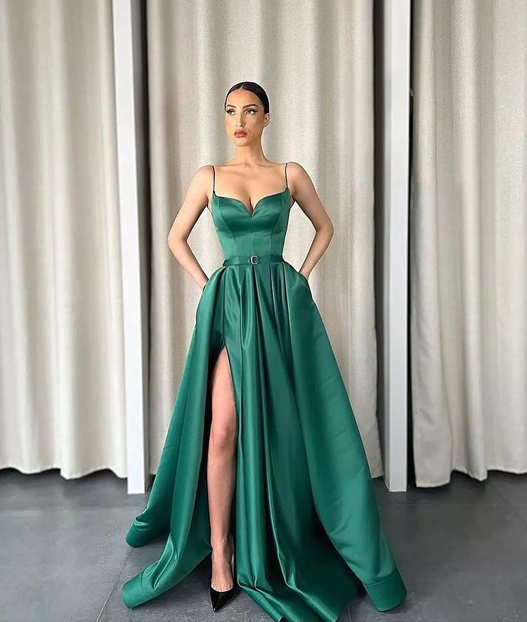 Dark Green V Neck Spaghetti Strap A-Line Long Prom Dress with Split Babyonlines Dark Green V Neck Spaghetti Strap A-Line Long Prom Dress with Split Babyonlines