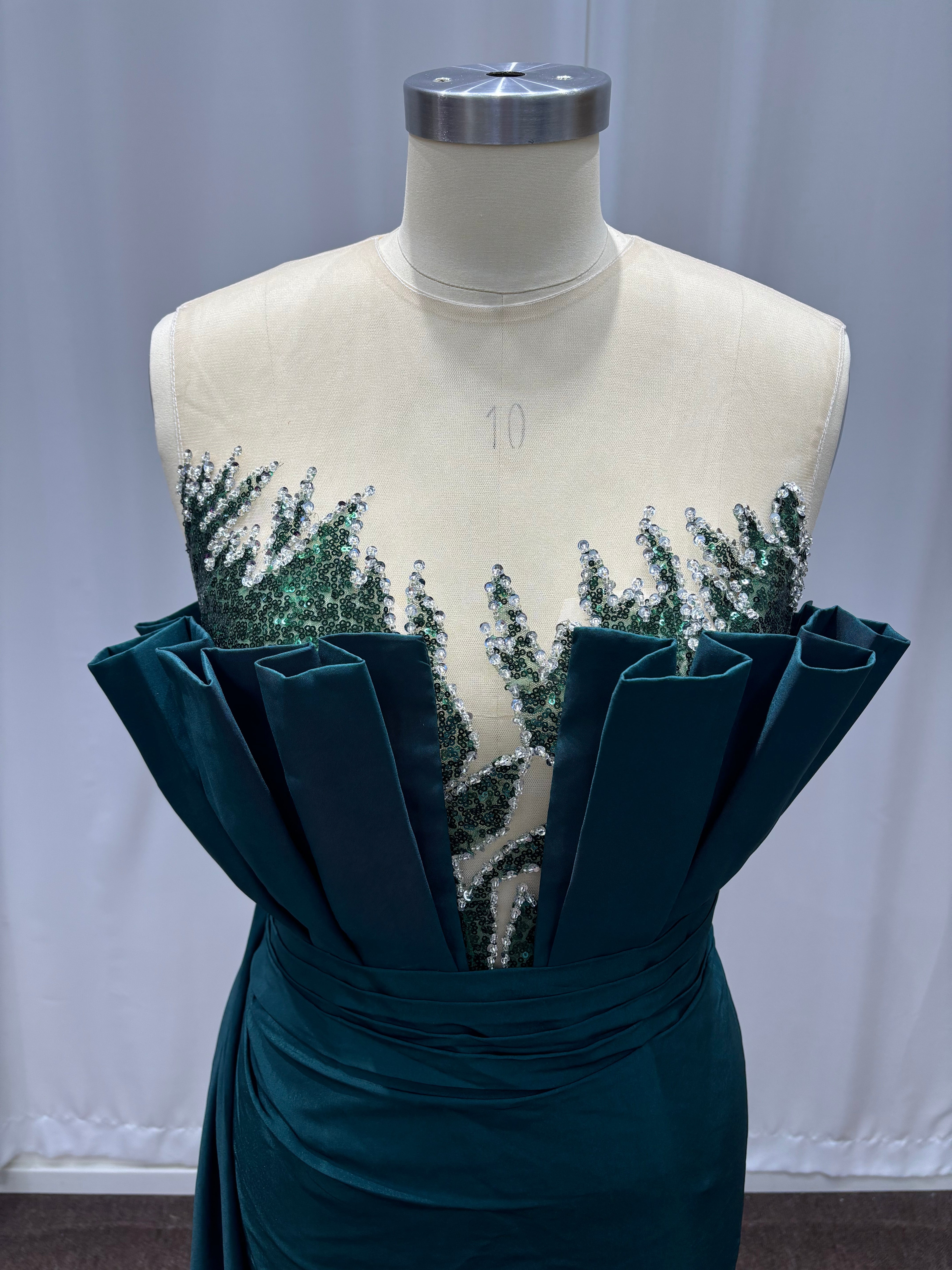 Dark Green Strapless Satin Long Evening Dresses with Floral Applique