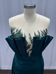 Dark Green Strapless Satin Long Evening Dresses with Floral Applique