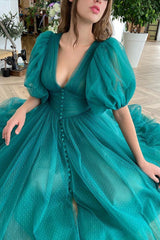 Dark Green V-Neck Evening Dress A-Line with Short Sleeves on Sale