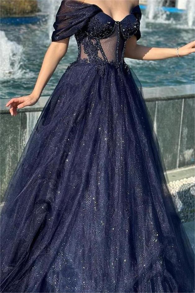 Dark Navy Off the Shoulder Sweetheart Mermaid Long Prom Dress with Appliques