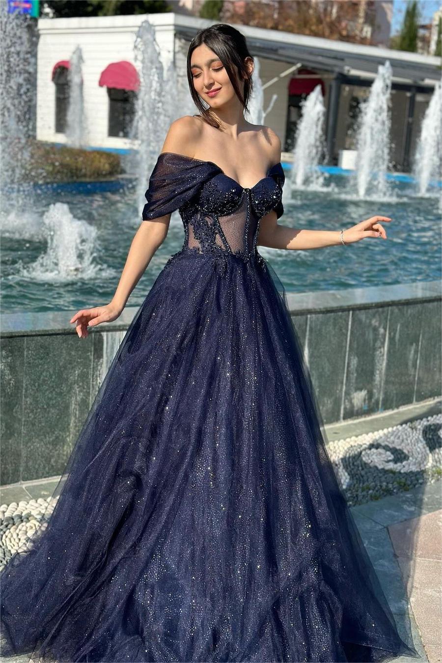Dark Navy Off the Shoulder Sweetheart Mermaid Long Prom Dress with Appliques