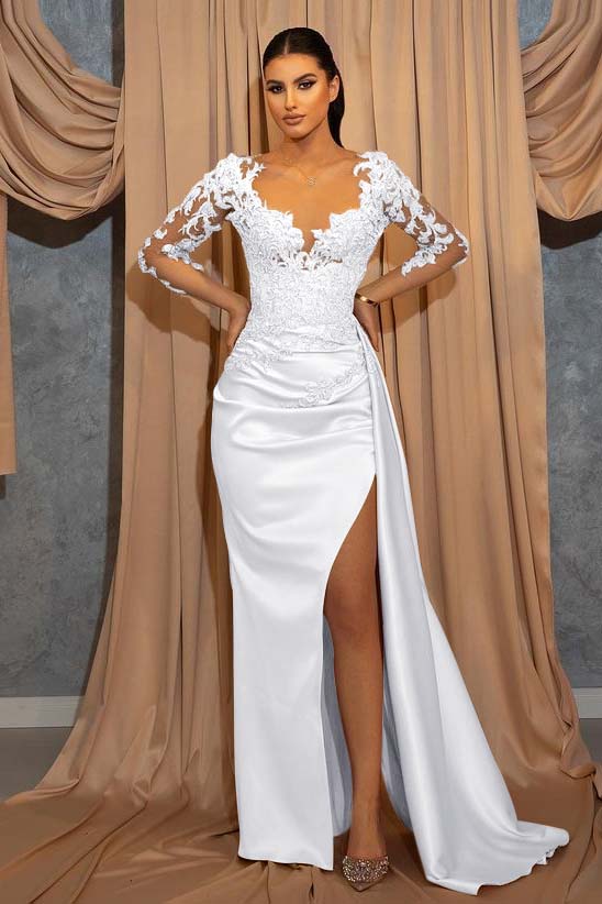 Deep V Neck Long Sleeve Pleated Prom Dress with Ruffles Appliques