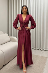Deep V Neck Long Sleeve Long Prom Dress with Split and Pleats