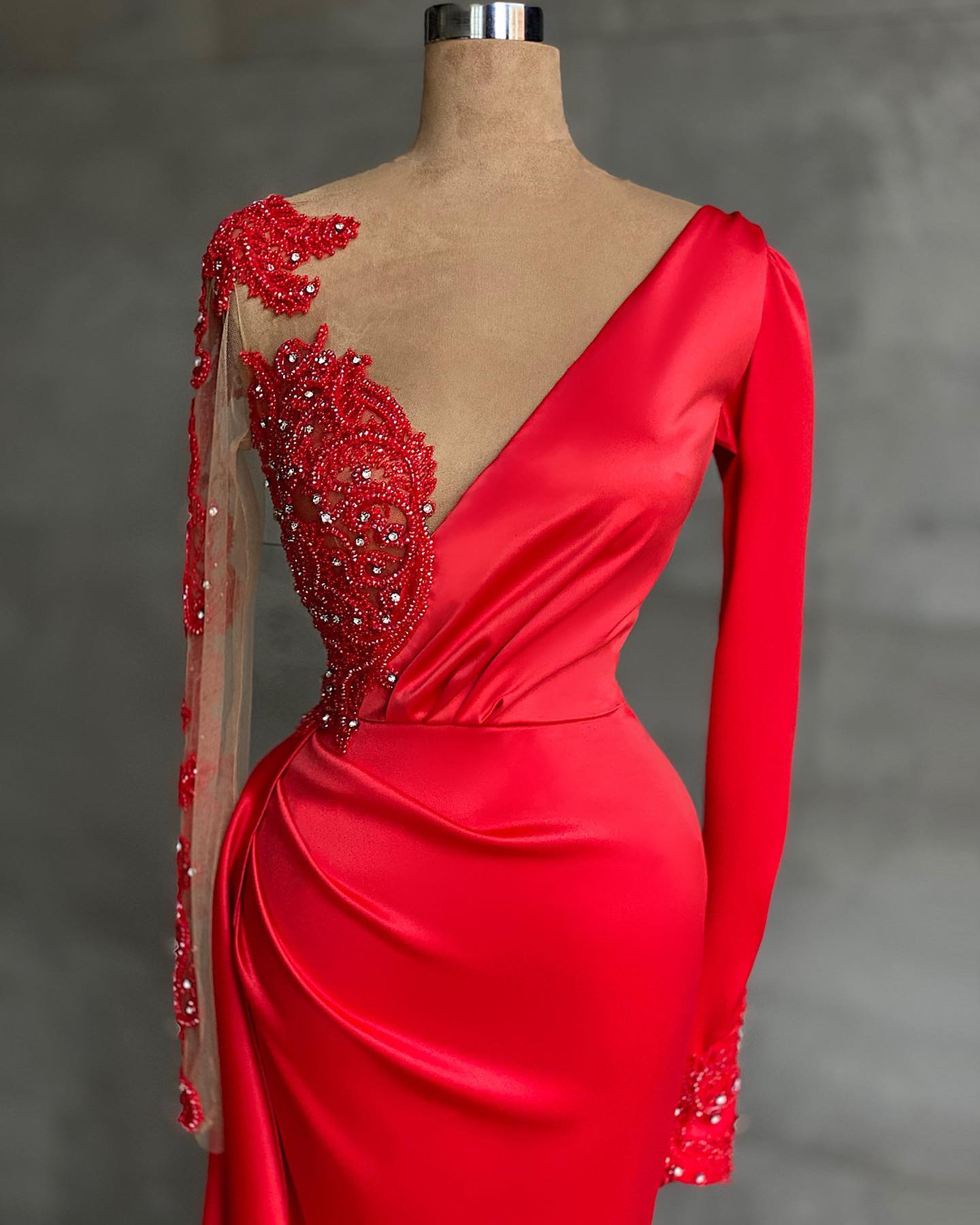 Deep V Neck Long Sleeve Mermaid Long Prom Dress with Split Appliques