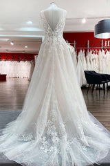 Deep V-Neck Sleeveless Long A-Line Wedding Dress with Open Back, Tulle, and Lace Appliques