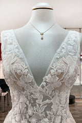 Deep V-Neck Sleeveless Long A-Line Wedding Dress with Open Back, Tulle, and Lace Appliques