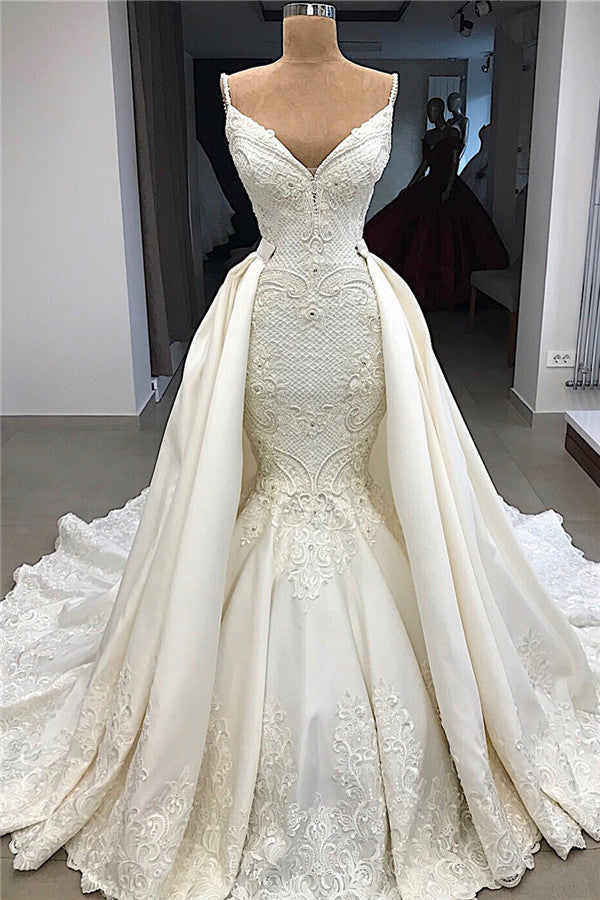 Detachable Skirt Spaghetti Strap Mermaid Wedding Dress with Ruffle Appliques