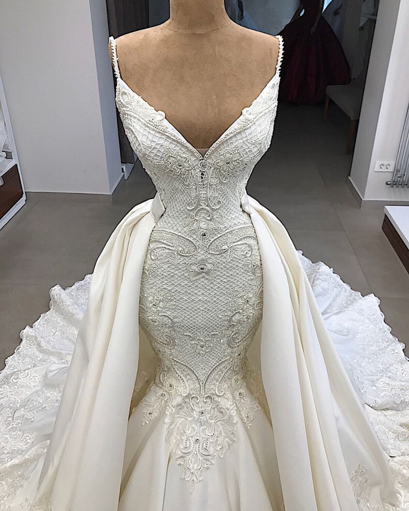 Detachable Skirt Spaghetti Strap Mermaid Wedding Dress with Ruffle Appliques