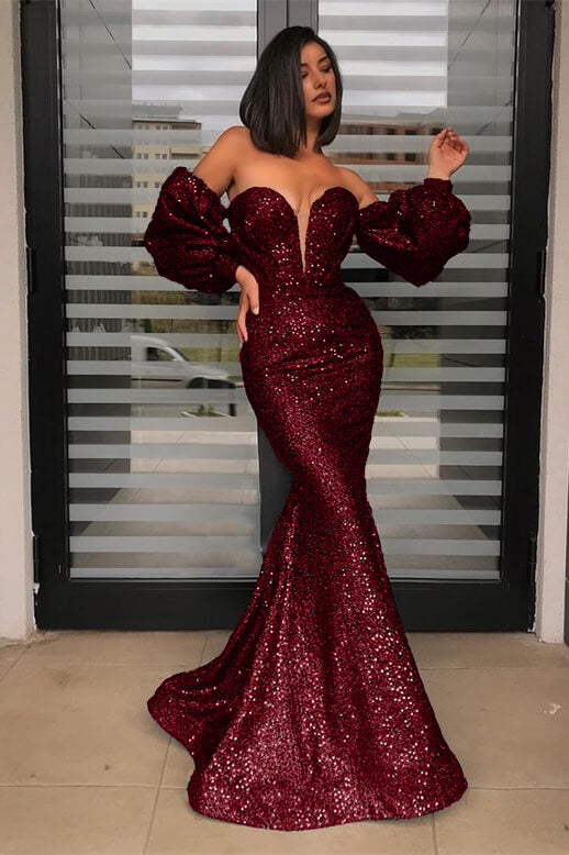 Strapless Sweetheart Mermaid Prom Dress with Detachable Sleeves and Sequins