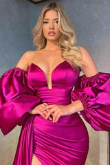 Shiny Long Prom Dress with Split, Ruffles and Detachable Sleeves