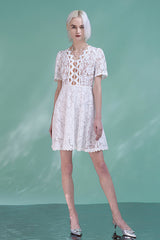 Boho White Short Sleeves A-line Short Lace Dresses