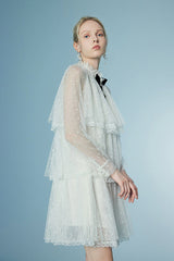 Elegant Long Illusion Sleeves Ruffles Short Dresses with Bow