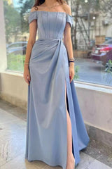 Dusty Blue Gorgeous Off the Shoulder Prom Dress with Split and Pleated