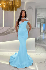Dusty Blue Mermaid Tulle Long Prom Dress with Beading and Ruffles
