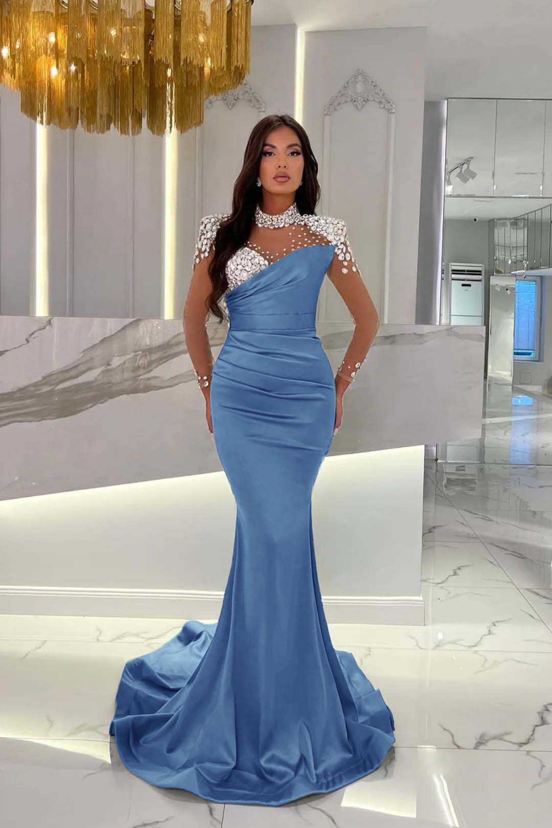 Dusty Blue Mermaid Tulle Long Prom Dress with Beading and Ruffles