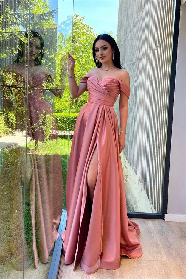 Glorious Dusty Pink Off the Shoulder Long Prom Dress with Front Split