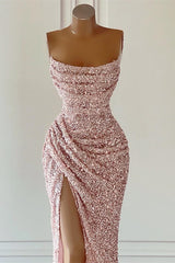 Dusty Pink Sleeveless Prom Dress with Square Neckline and Long Slit
