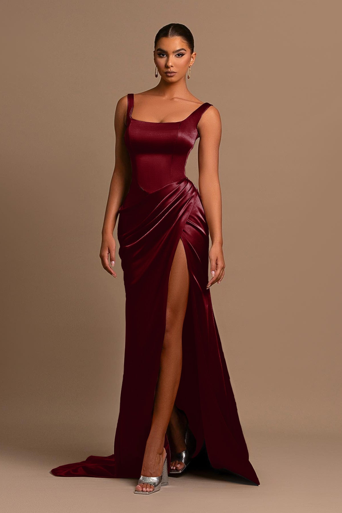 Square Neck Spaghetti Strap Mermaid Prom Dress with Split