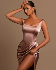 Square Neck Spaghetti Strap Mermaid Prom Dress with Split
