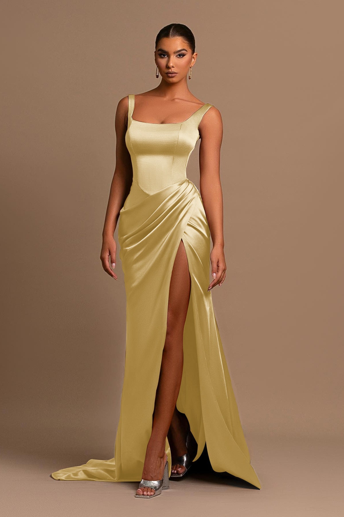 Square Neck Spaghetti Strap Mermaid Prom Dress with Split