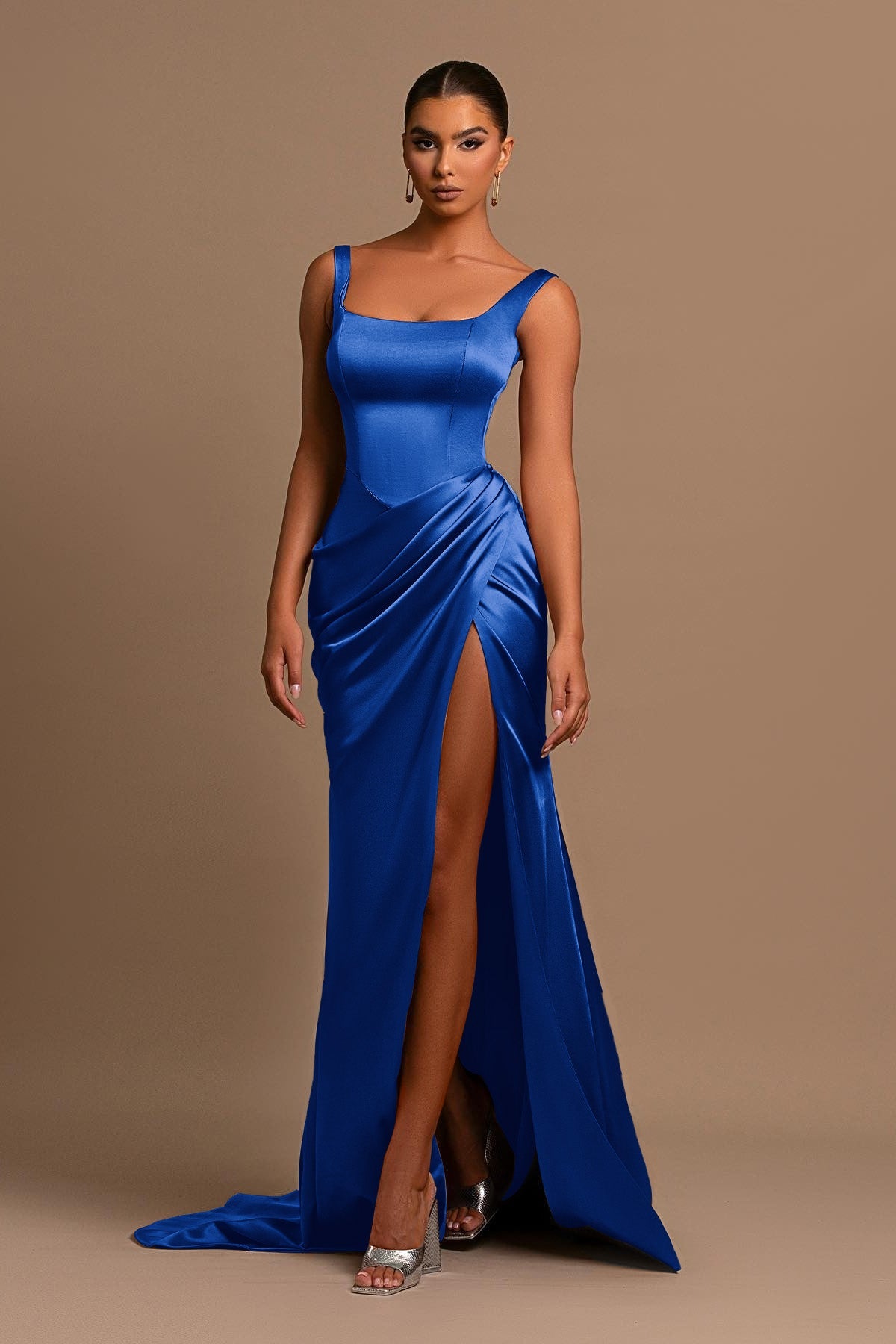 Square Neck Spaghetti Strap Mermaid Prom Dress with Split