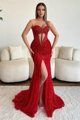 Dusty Rose Strapless Sweetheart Long Prom Dress with Beading and Split