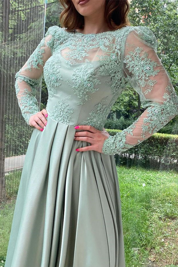 Dusty Sage Long Sleeve Long Prom Dress with Split and Appliques