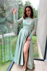 Dusty Sage Long Sleeve Long Prom Dress with Split and Appliques