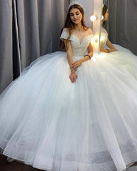 Elegant A-Line Bateau Neck Crystal Train Wedding Dress with Sequins and Tulle