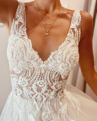 Elegant A-Line Deep V-Neck Backless Wedding Dress with Lace Appliques