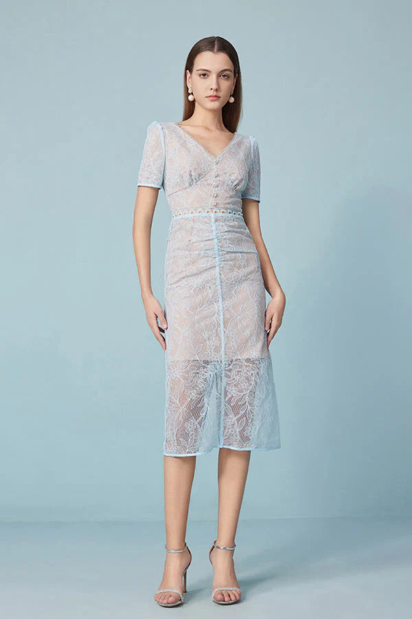 Babyonlines Elegant Blue V-neck Short Sleeves Sheath Dress