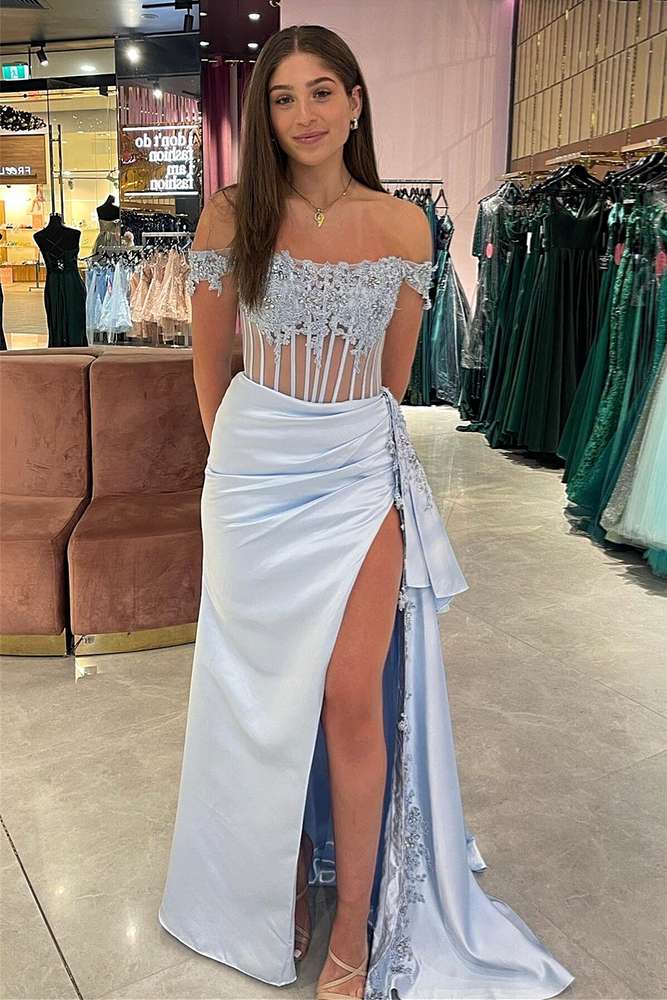 Elegant Emerald Green Off the-Shoulder Satin Dress with slit