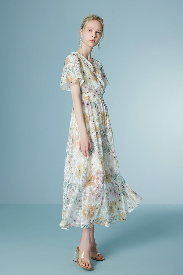 Babyonlines Elegant Floral Short Sleeves A-line Long Dresses