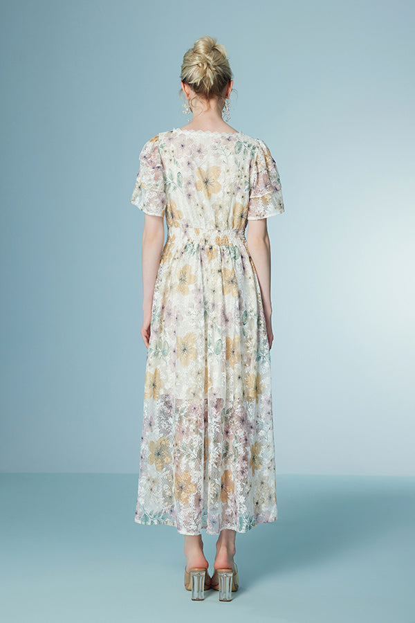 Babyonlines Elegant Floral Short Sleeves A-line Long Dresses