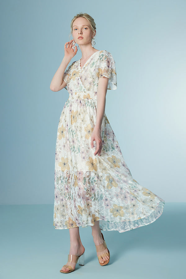 Babyonlines Elegant Floral Short Sleeves A-line Long Dresses