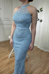 Elegant Long Halter Tulle Mermaid Formal Evening Dresses with Beaded
