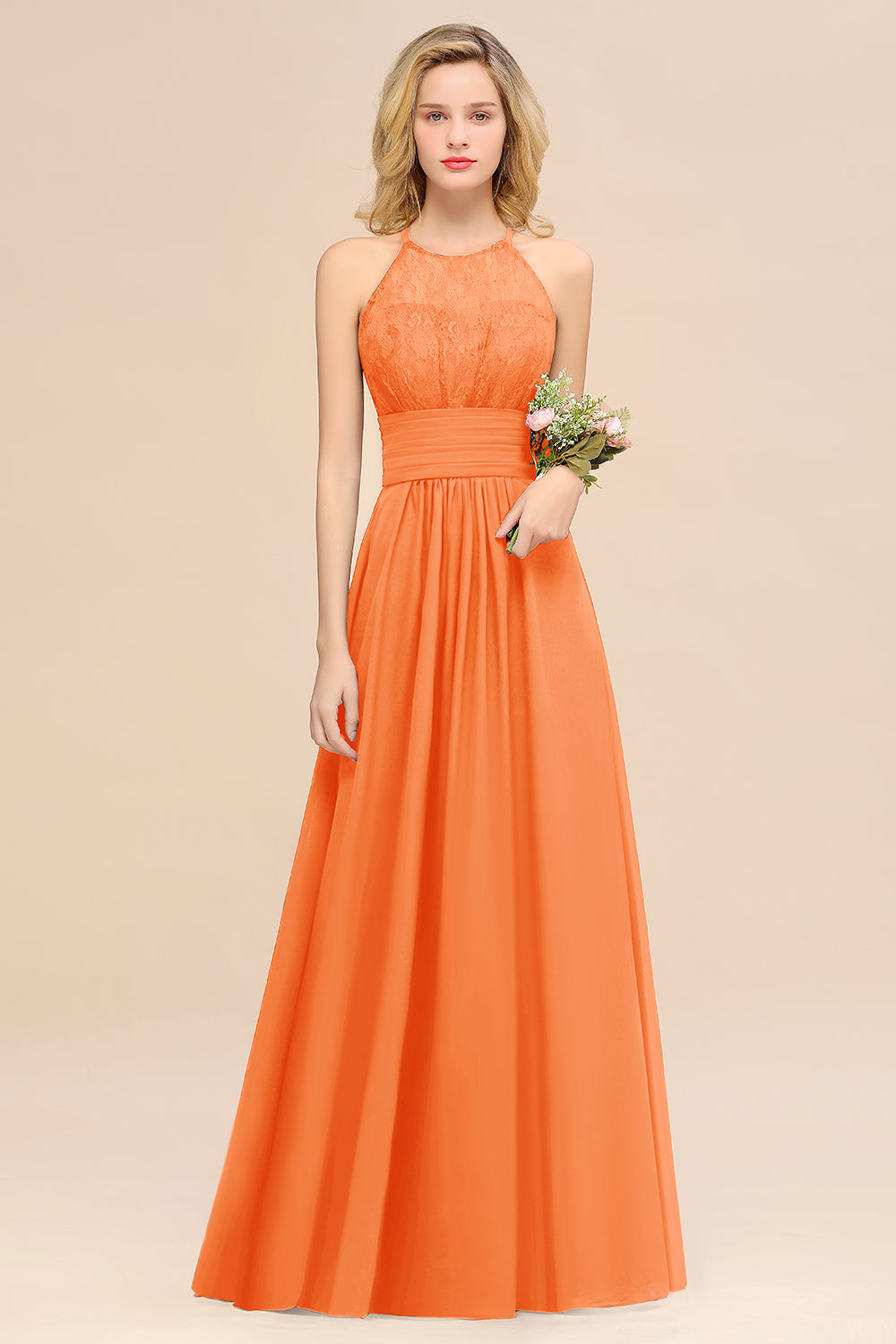 Elegant Halter Ruffles Sleeveless Grape Lace Bridesmaid Dresses Affordable-Babyonlines